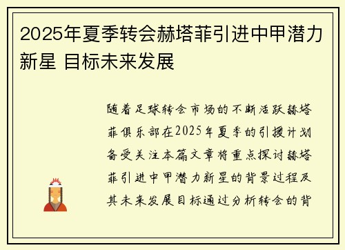 2025年夏季转会赫塔菲引进中甲潜力新星 目标未来发展