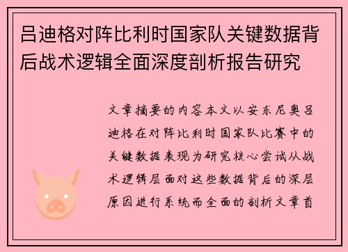 吕迪格对阵比利时国家队关键数据背后战术逻辑全面深度剖析报告研究